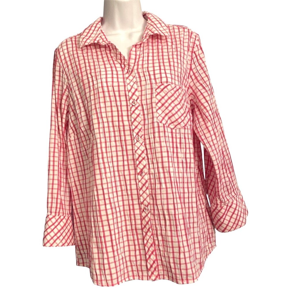 Foxcroft NYC Womens Shirt Size 14 Fitted Shaped Pink Gingham Button Up